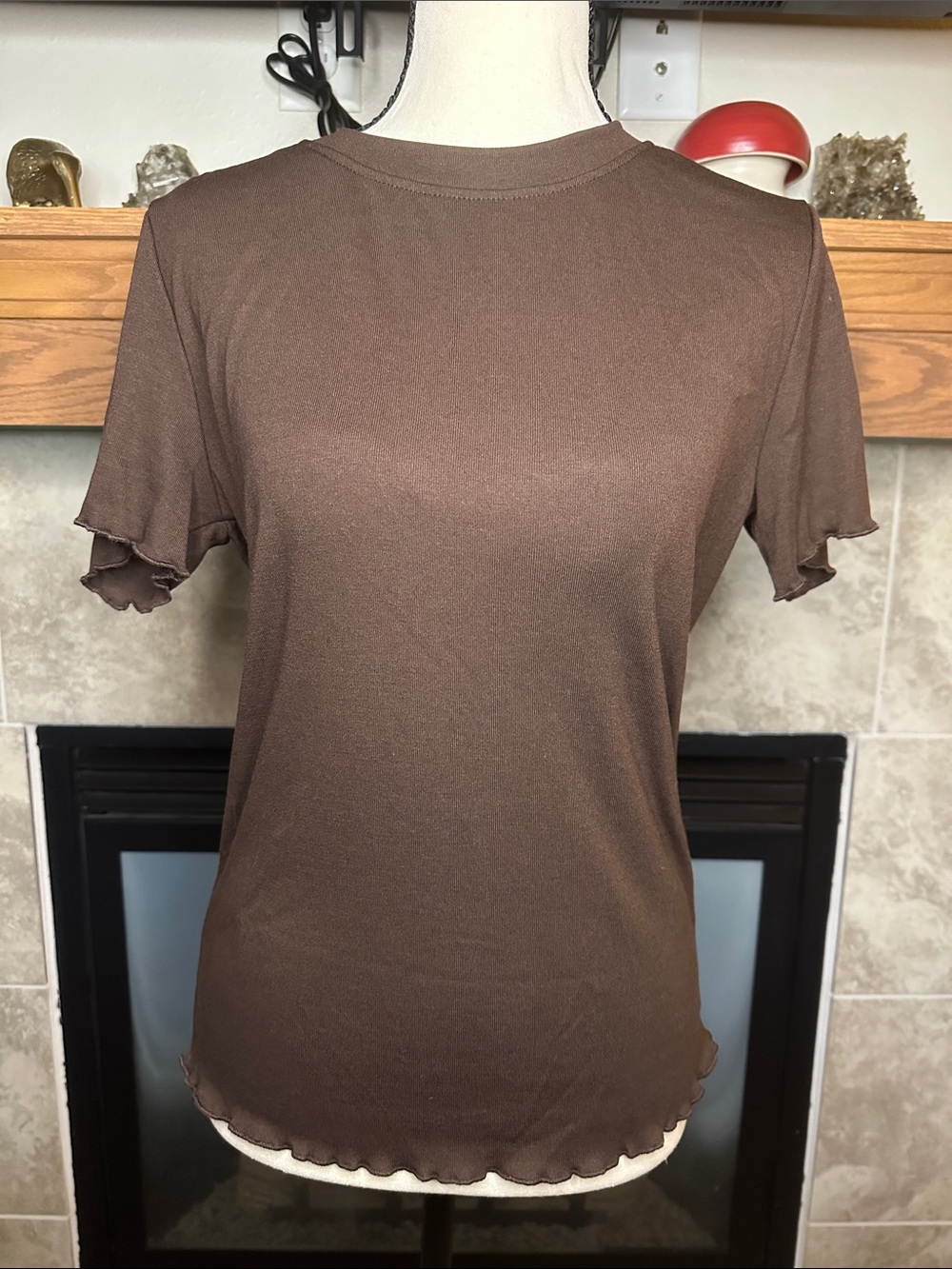 Women’s Short Sleeve Basic Brown Ruffled Lettuce Edge Layering Tee Size XL